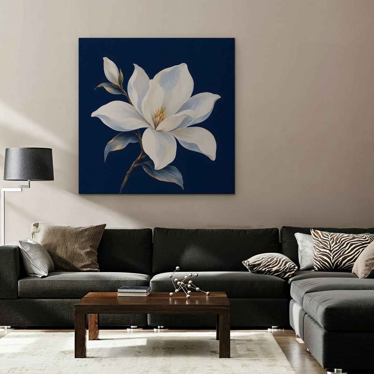 White Magnolia Canvas Art - Square – Stretched Canvas Only in room setting