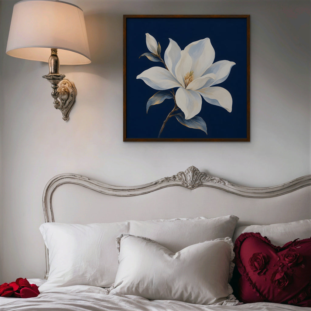 White Magnolia Canvas Art - Square – Walnut Floating Frame in room setting