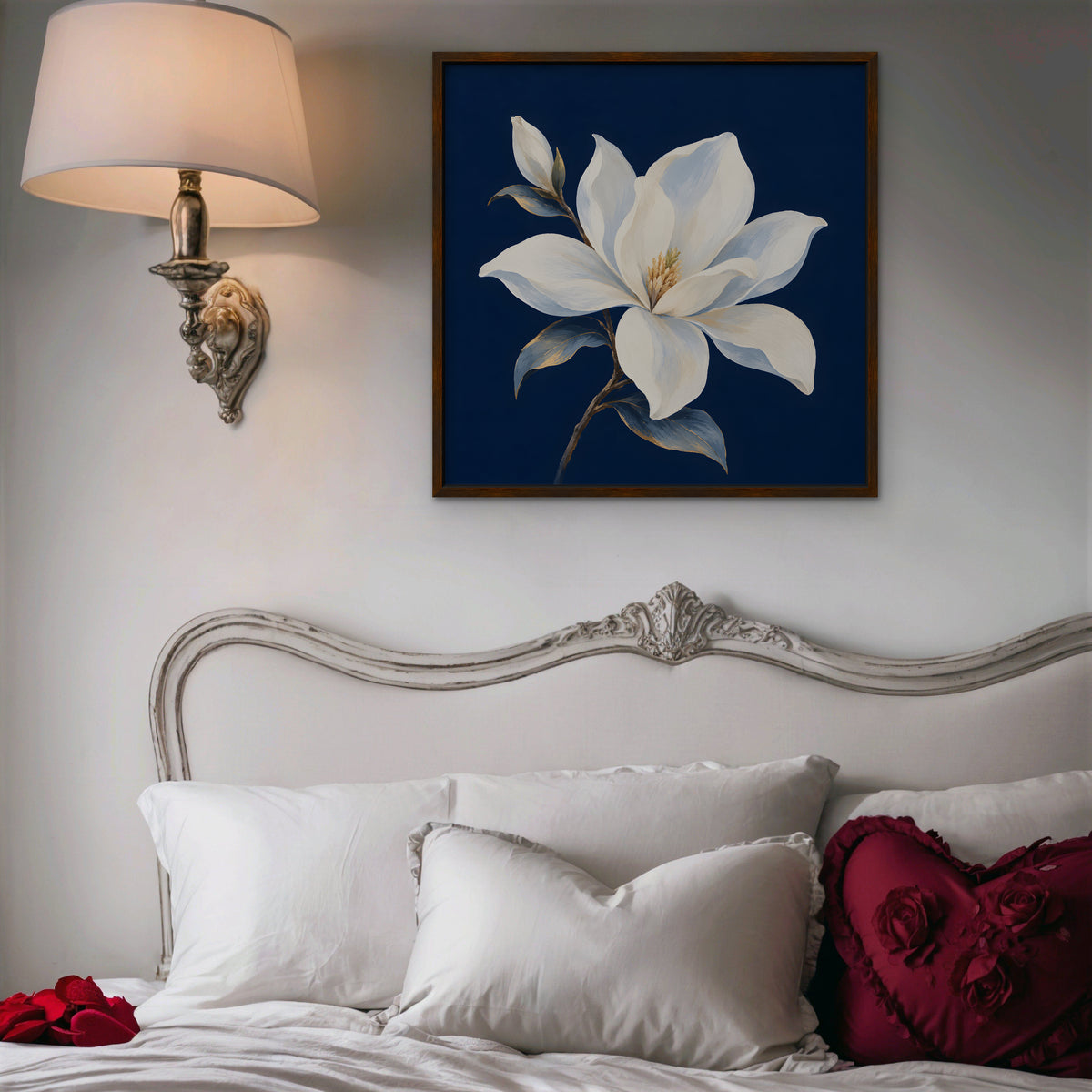 White Magnolia Canvas Art - Square – Walnut Floating Frame in room setting
