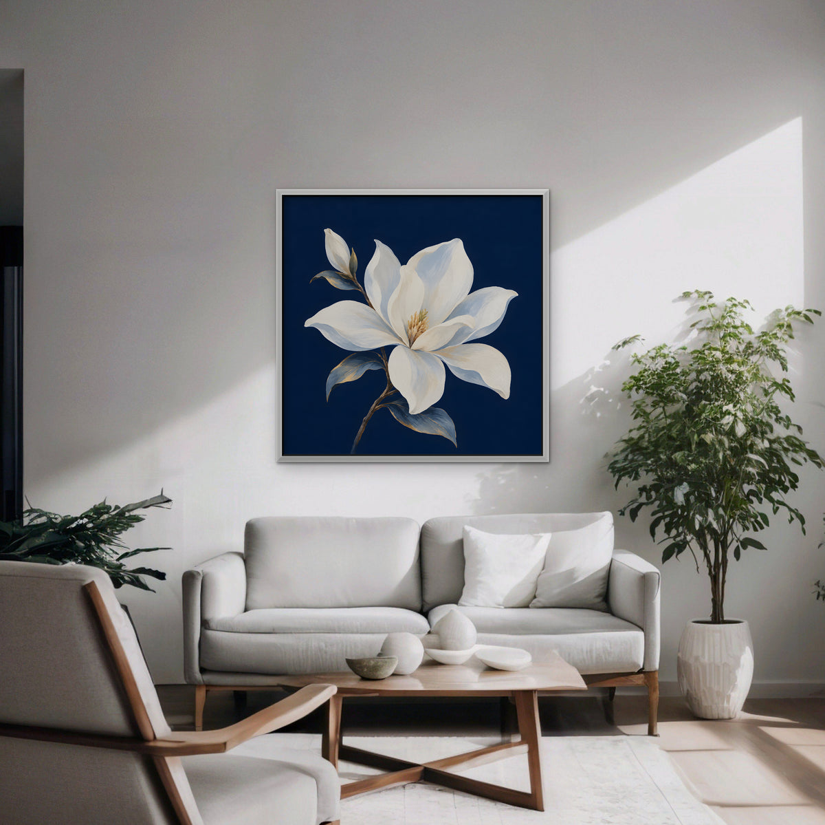 White Magnolia Canvas Art - Square – White Floating Frame in room setting