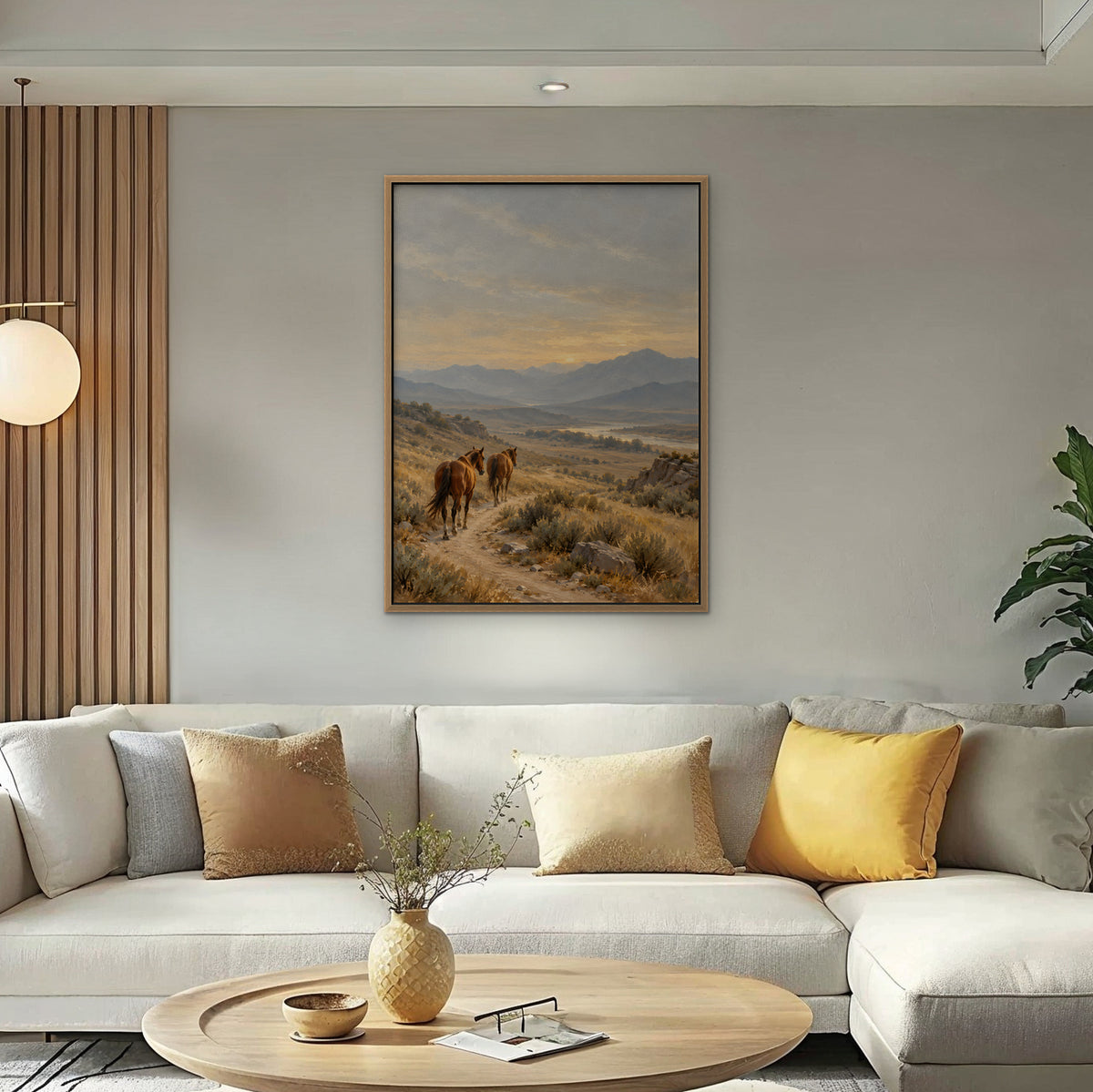 Wild Horses Trail Canvas Art - Vertical – Oak Floating Frame in room setting