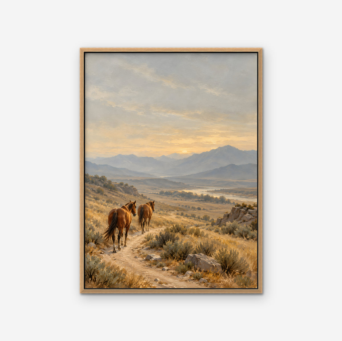 Wild Horses Trail Canvas Art - Vertical – Oak Floating Frame on white background