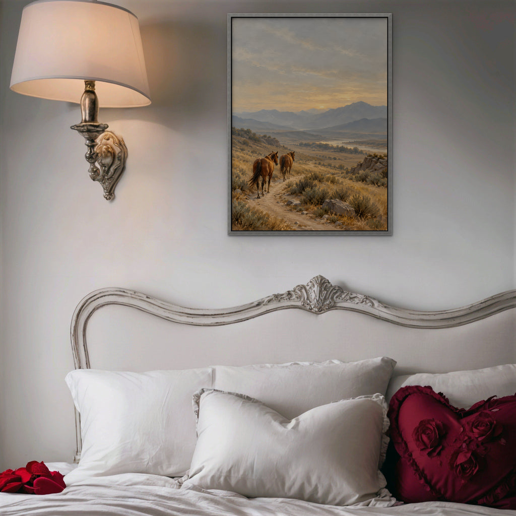 Wild Horses Trail Canvas Art - Vertical – Silver Floating Frame in room setting