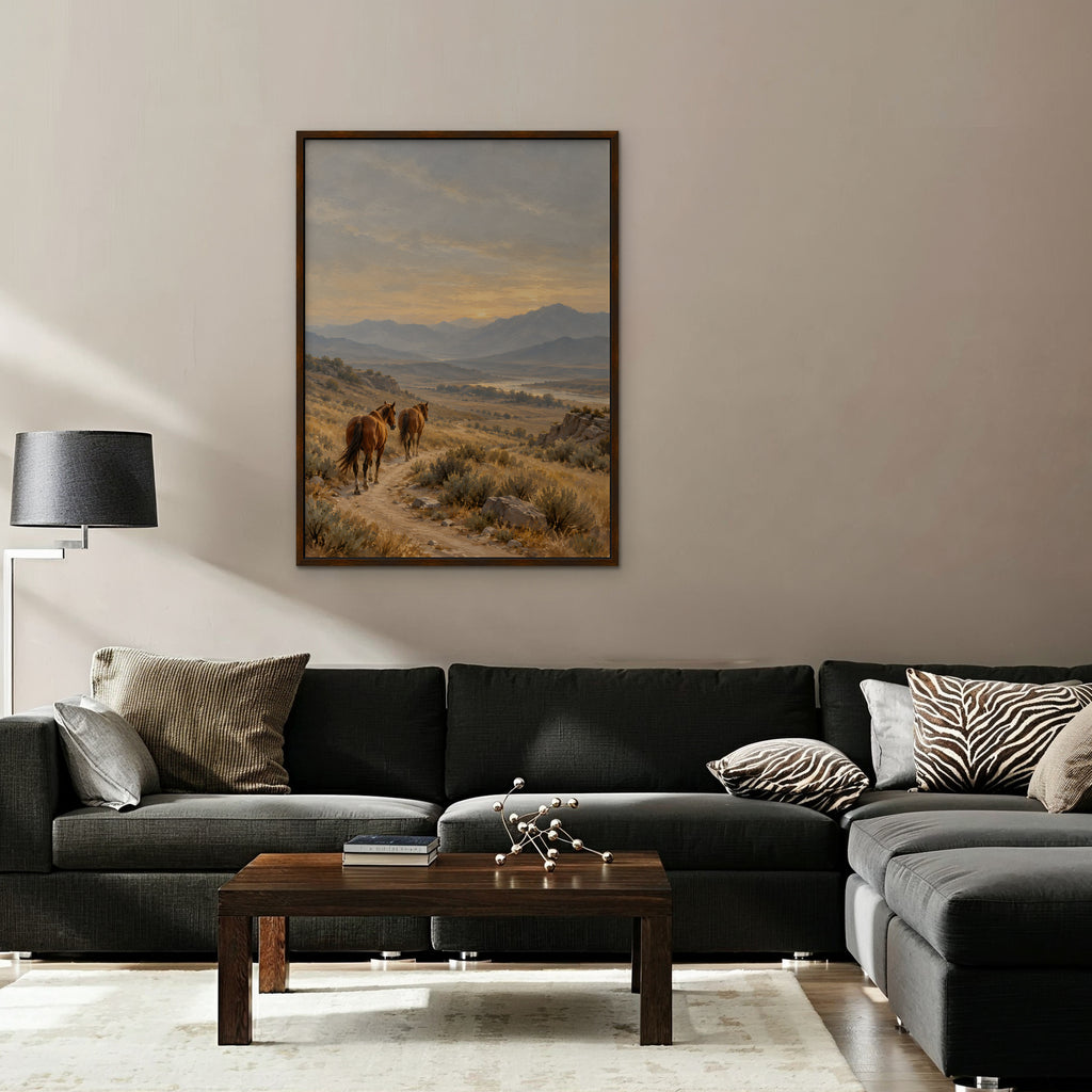 Wild Horses Trail Canvas Art - Vertical – Walnut Floating Frame in room setting