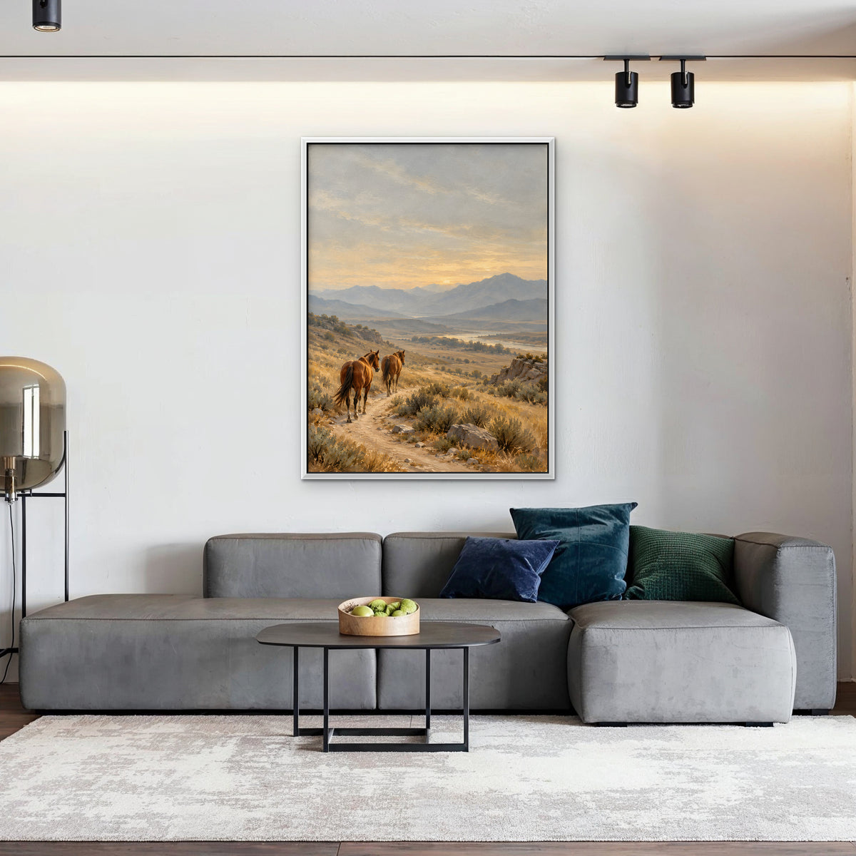 Wild Horses Trail Canvas Art - Vertical – White Floating Frame in room setting