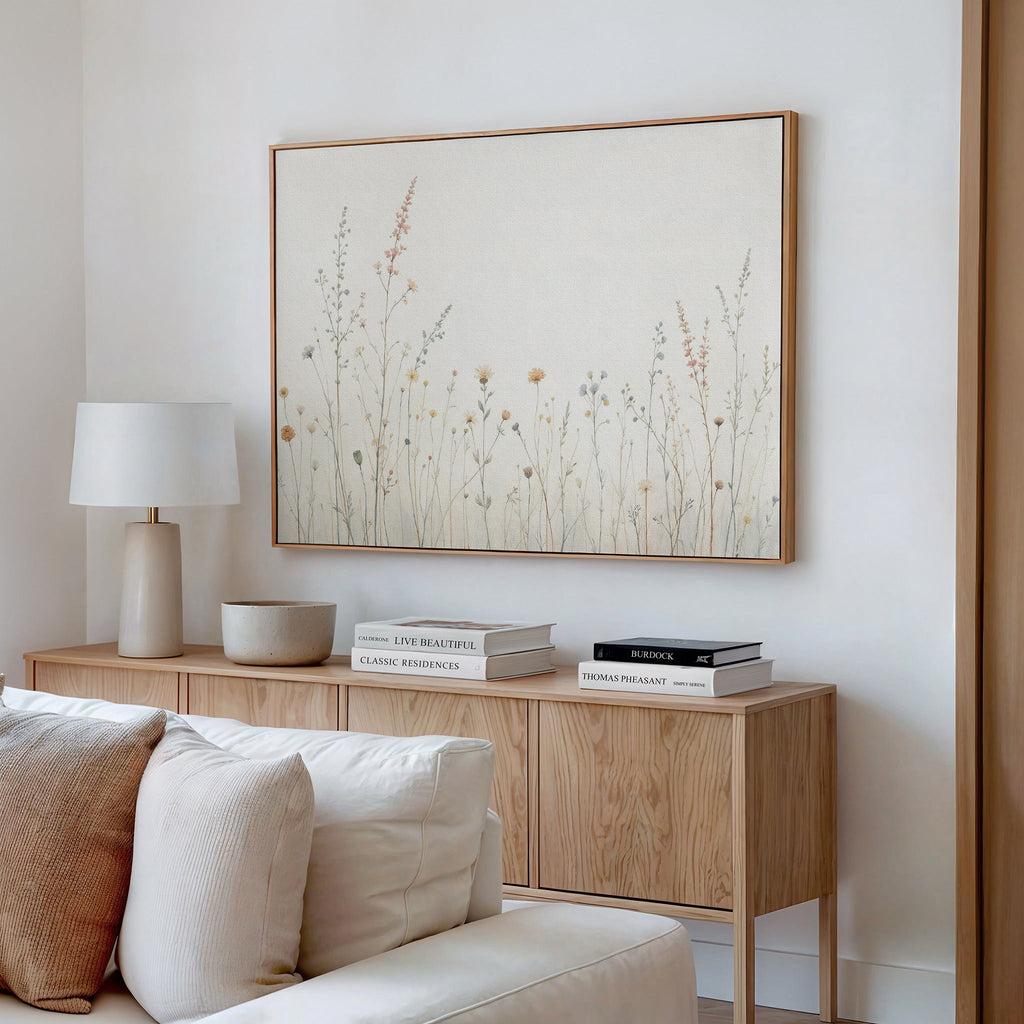 Whispers of the Meadow Canvas Print – beige and white botanical canvas wall art print by Aspire Prints