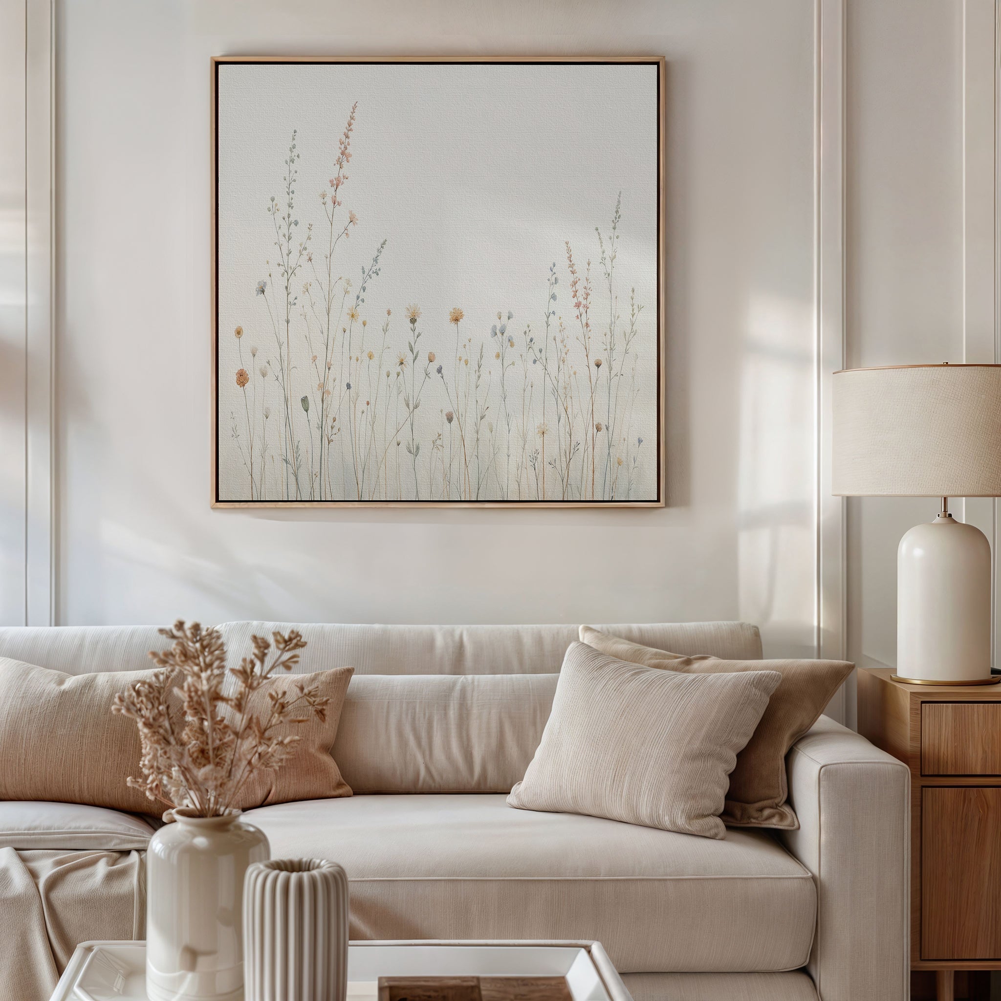 Whispers in Bloom Canvas Print – beige and white botanical canvas wall art print by Aspire Prints