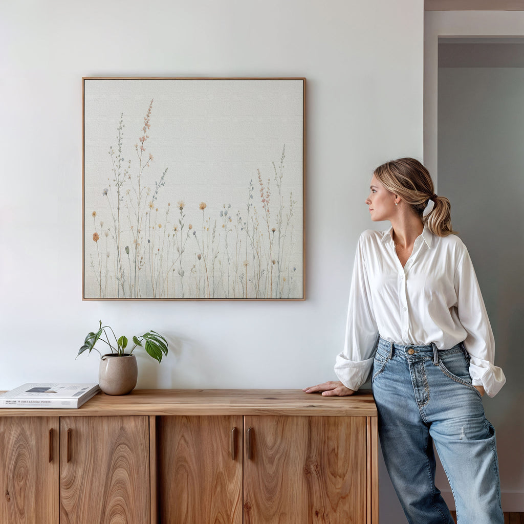 Whispers in Bloom Canvas Print – beige and white botanical canvas wall art print by Aspire Prints