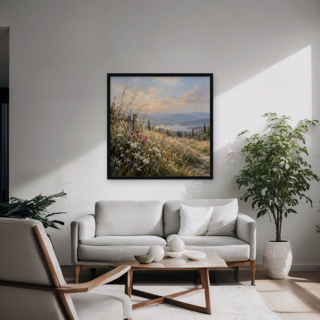 Wildflower Hillside Canvas Art - Square – Black Floating Frame in room setting