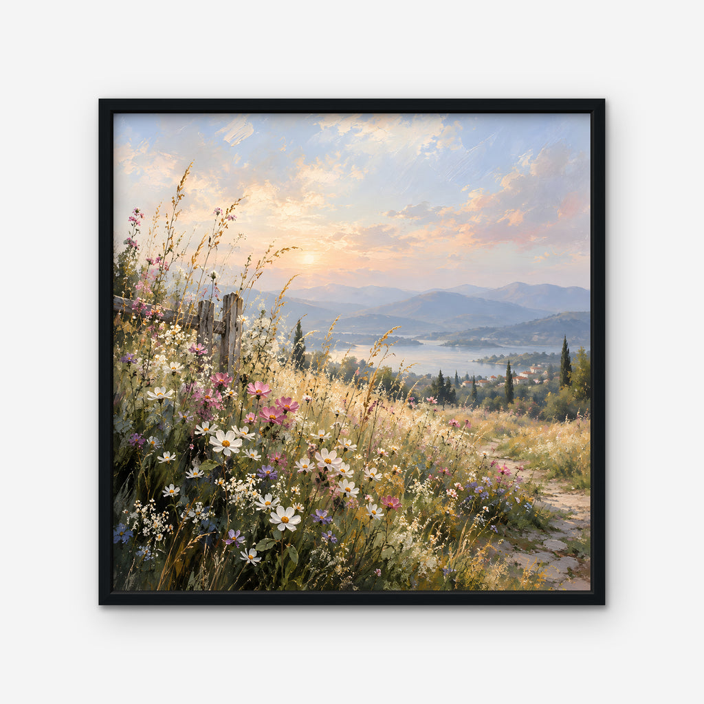 Wildflower Hillside Canvas Art - Square – Black Floating Frame on white background