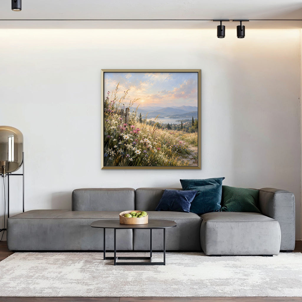 Wildflower Hillside Canvas Art - Square – Gold Floating Frame in room setting