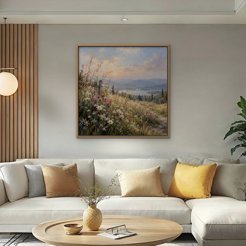 Wildflower Hillside Canvas Art - Square – Oak Floating Frame in room setting