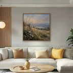 Wildflower Hillside Canvas Art - Square – Oak Floating Frame in room setting