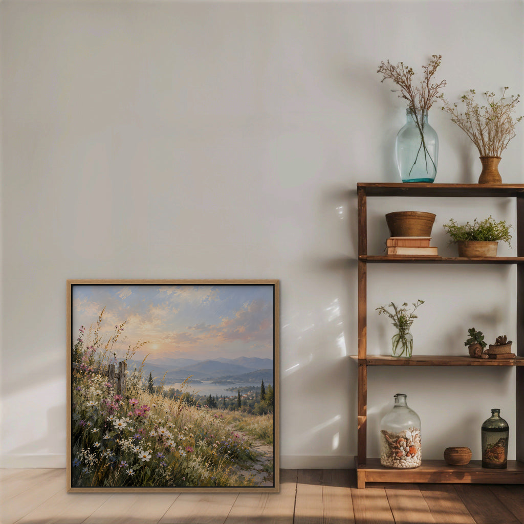 Wildflower Hillside Canvas Art - Square – Oak Floating Frame in room setting