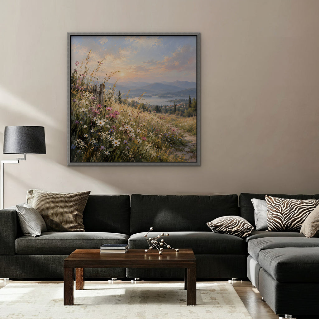 Wildflower Hillside Canvas Art - Square – Silver Floating Frame in room setting