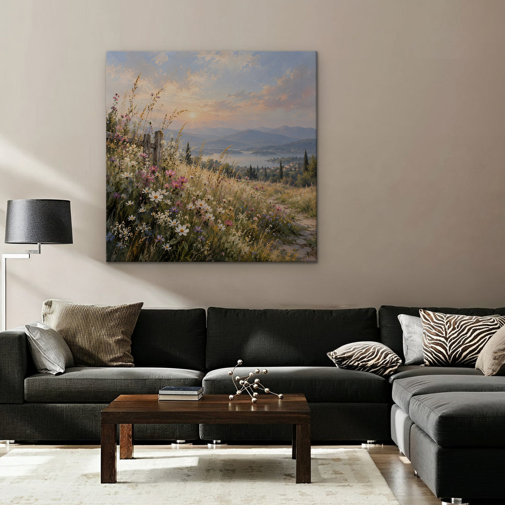 Wildflower Hillside Canvas Art - Square – Stretched Canvas Only in room setting