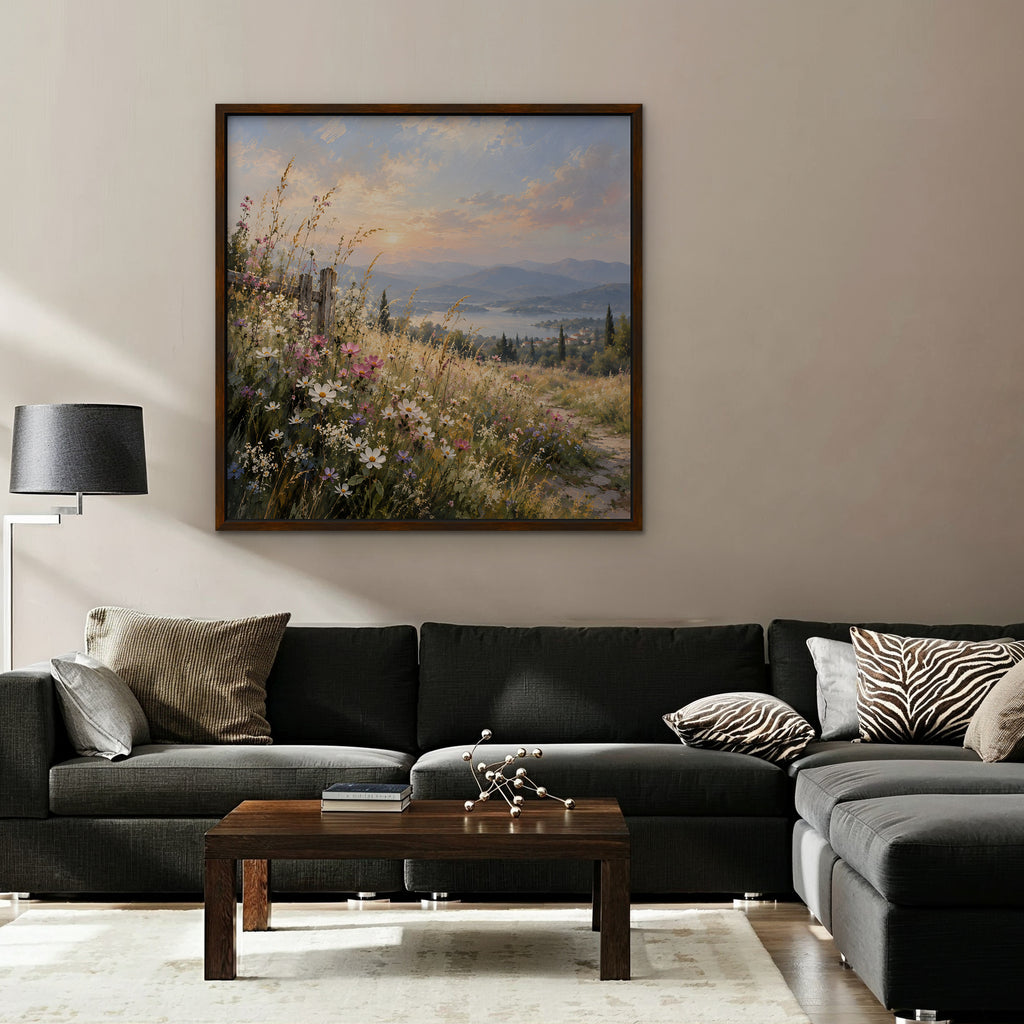Wildflower Hillside Canvas Art - Square – Walnut Floating Frame in room setting