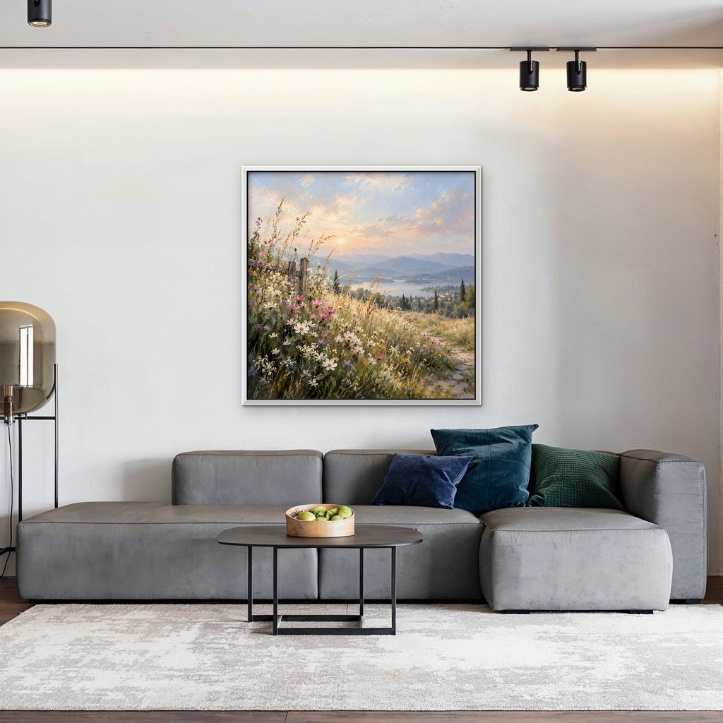 Wildflower Hillside Canvas Art - Square – White Floating Frame in room setting