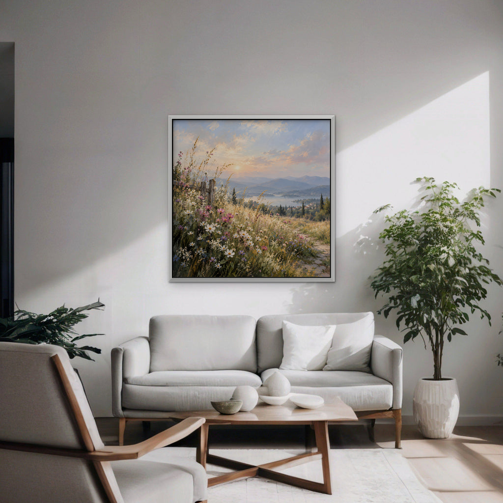 Wildflower Hillside Canvas Art - Square – White Floating Frame in room setting