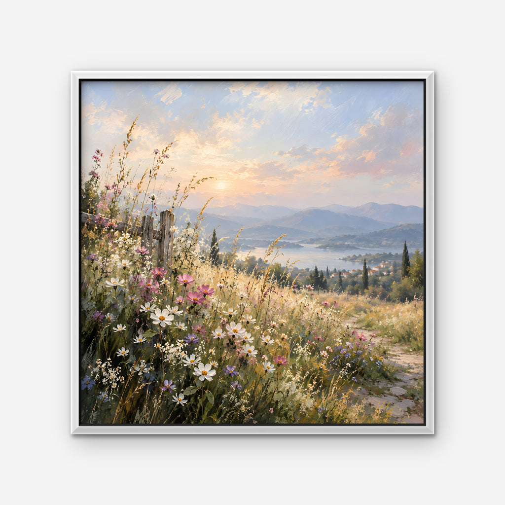 Wildflower Hillside Canvas Art - Square – White Floating Frame on white background