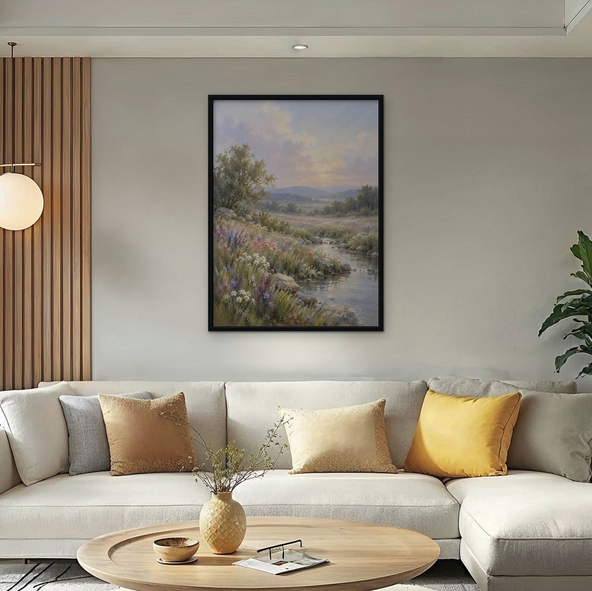 Wildflower Stream Canvas Art - Vertical – Black Floating Frame in room setting