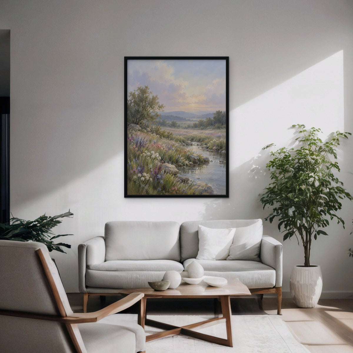 Wildflower Stream Canvas Art - Vertical – Black Floating Frame in room setting