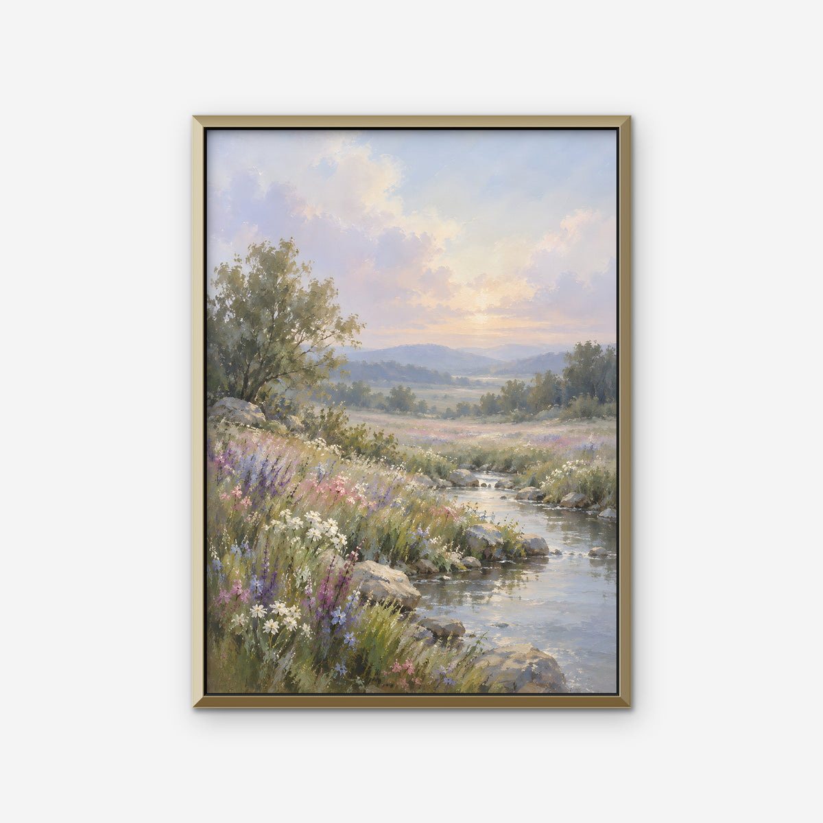 Wildflower Stream Canvas Art - Vertical – Gold Floating Frame on white background