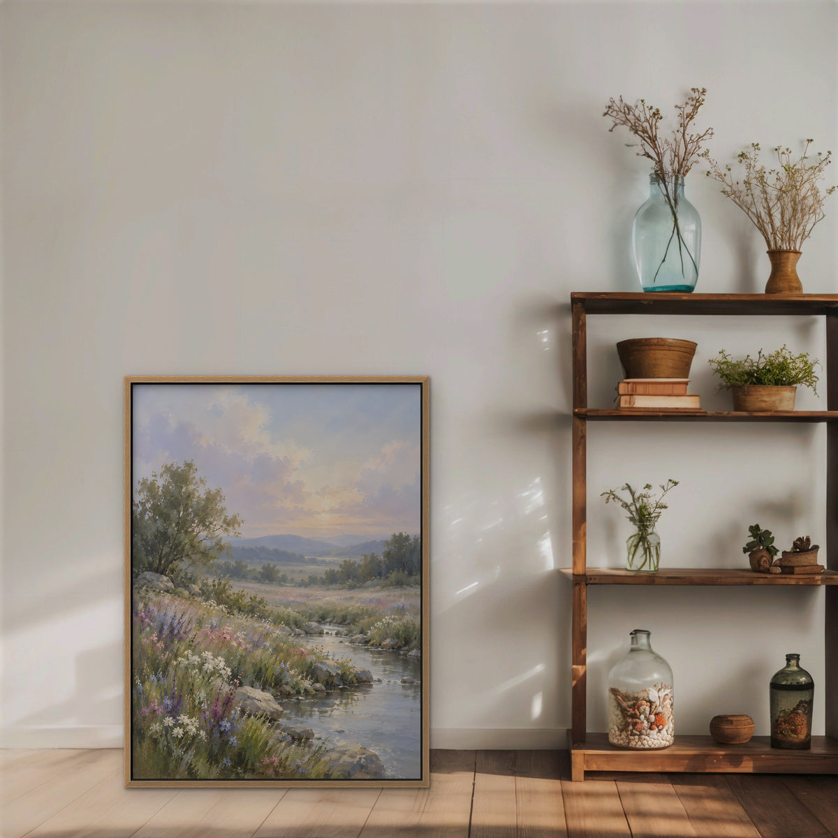 Wildflower Stream Canvas Art - Vertical – Oak Floating Frame in room setting