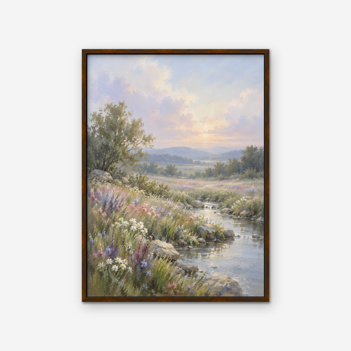 Wildflower Stream Canvas Art - Vertical – Walnut Floating Frame on white background