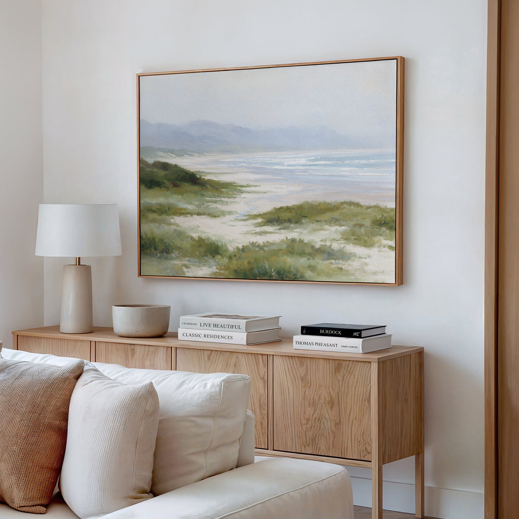 Where the Grasses Meet the Sea – blue vintage canvas wall art print by Aspire Prints