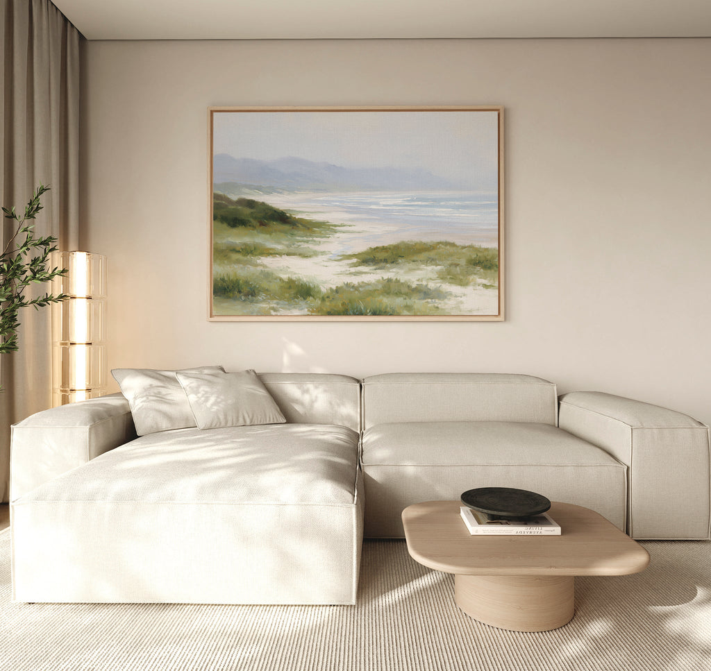 Where the Grasses Meet the Sea – blue vintage canvas wall art print by Aspire Prints