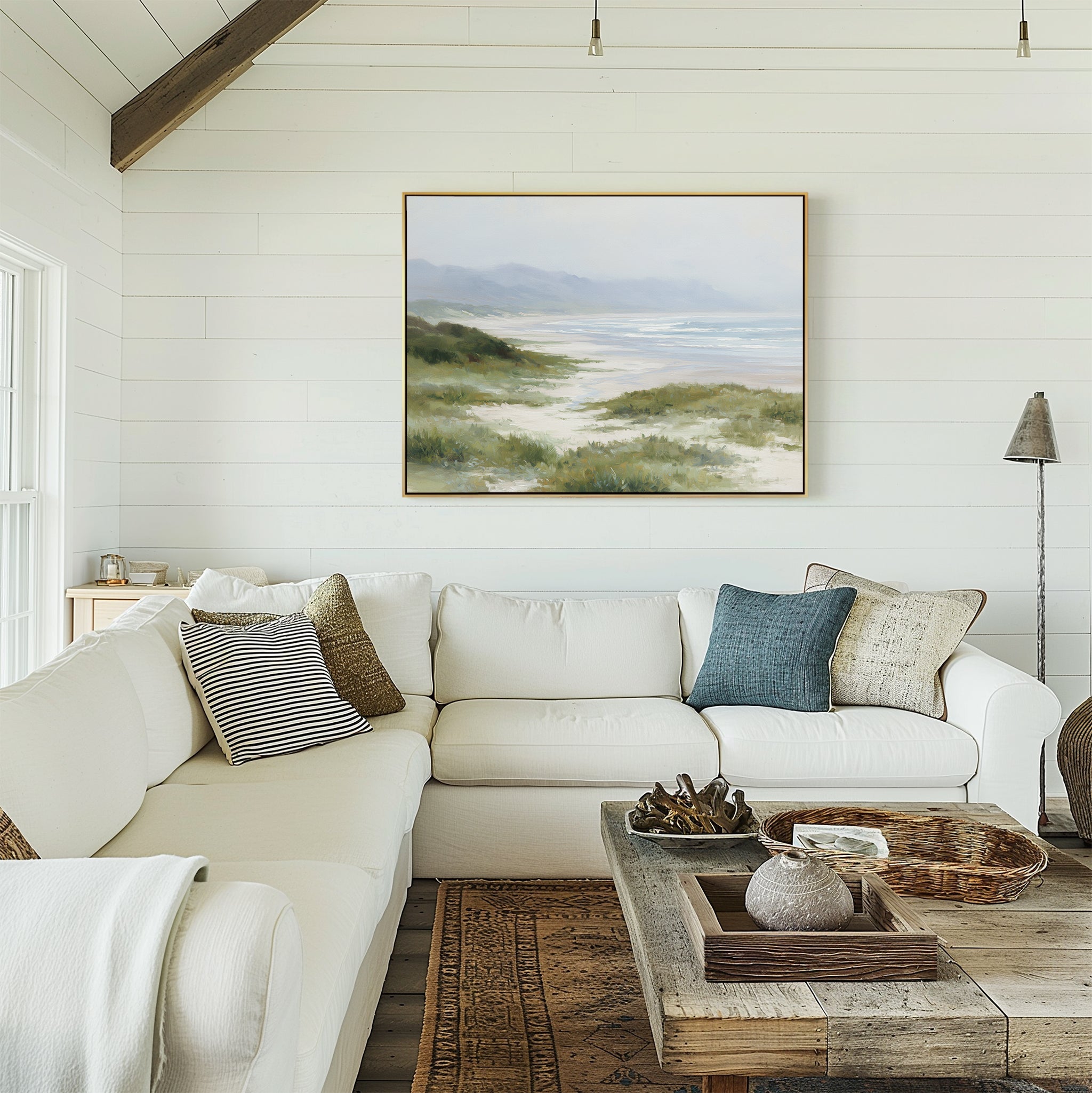 Where the Grasses Meet the Sea – blue vintage canvas wall art print by Aspire Prints