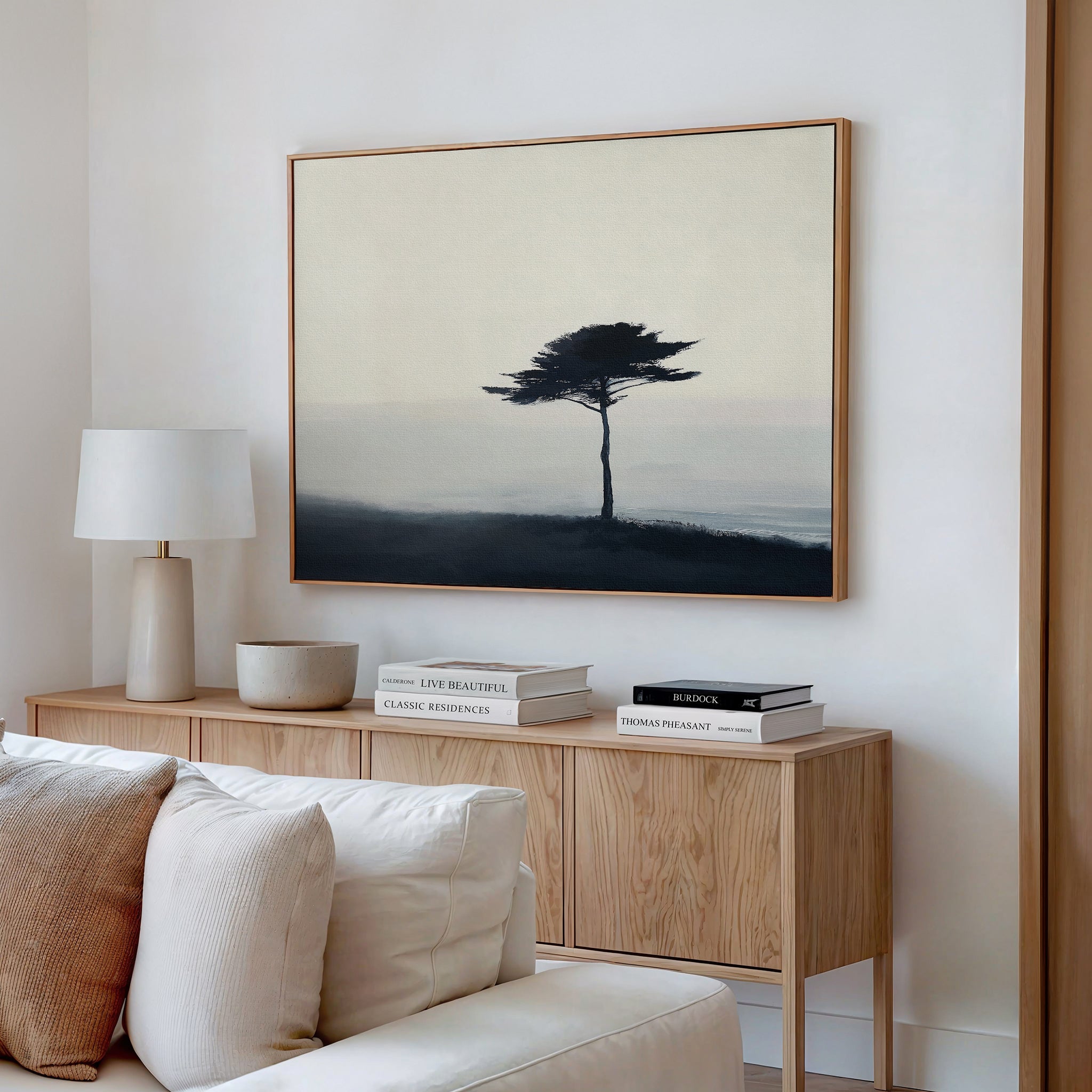 Whispers of the Bending Pine – neutral-toned botanical canvas wall art print by Aspire Prints
