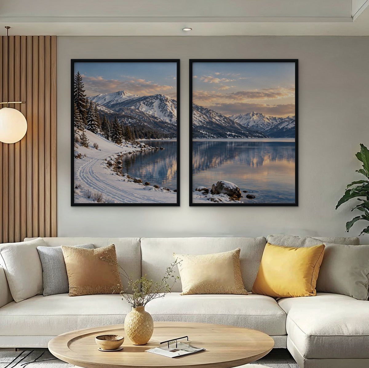 Winter Lake Canvas Art - Set of 2 – Black Floating Frame in room setting