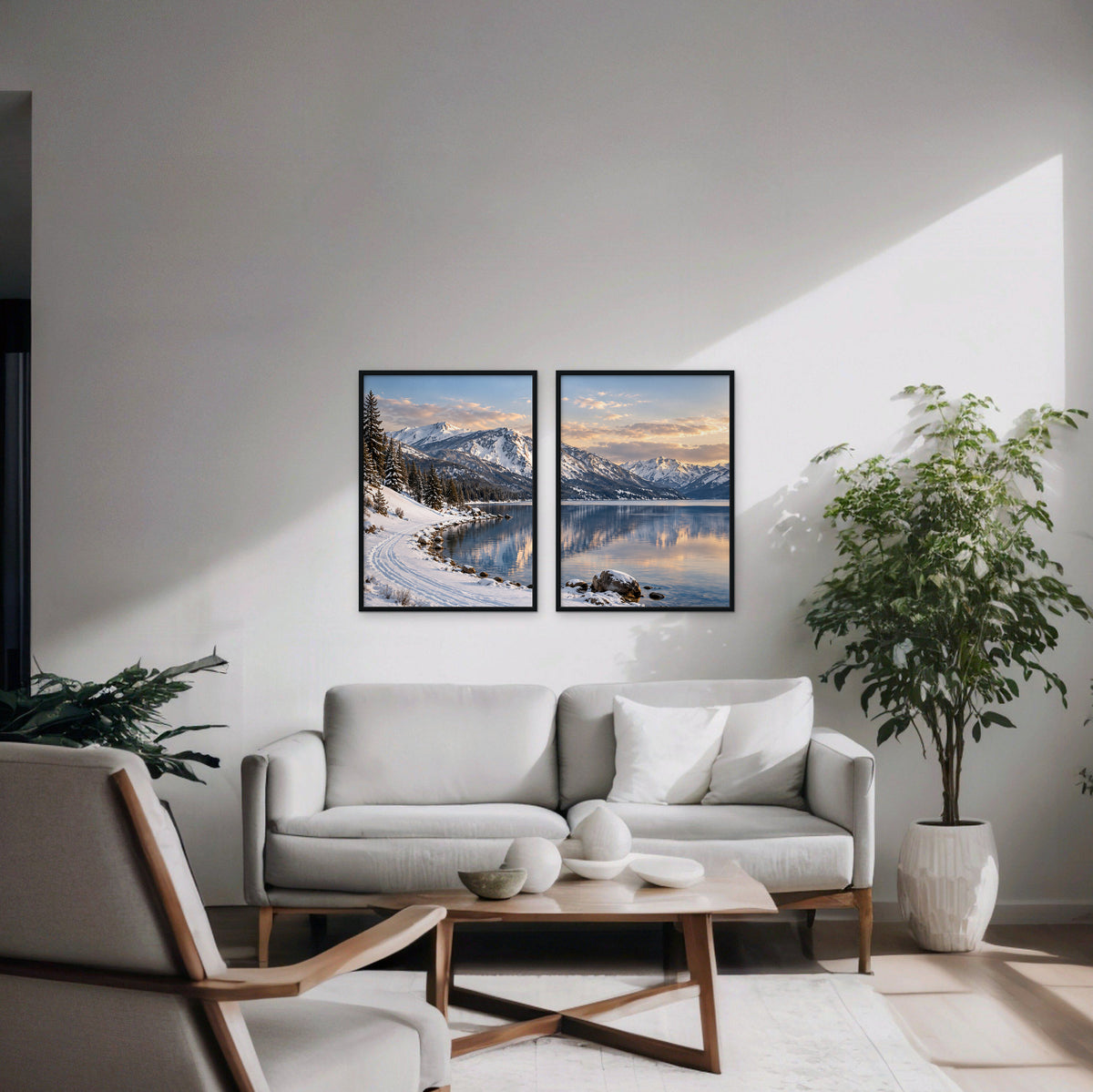 Winter Lake Canvas Art - Set of 2 – Black Floating Frame in room setting