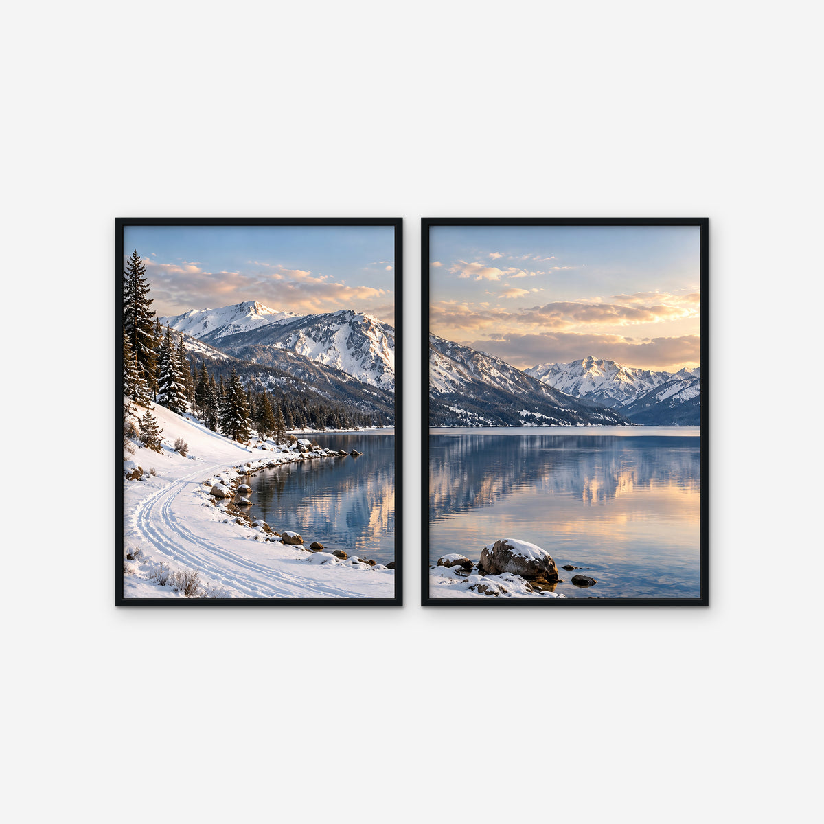 Winter Lake Canvas Art - Set of 2 – Black Floating Frame on white background