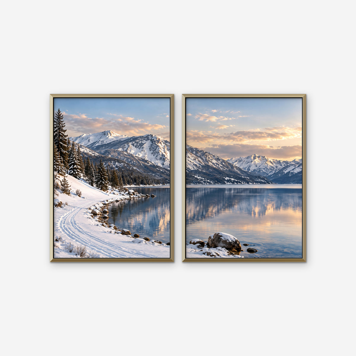 Winter Lake Canvas Art - Set of 2 – Gold Floating Frame on white background