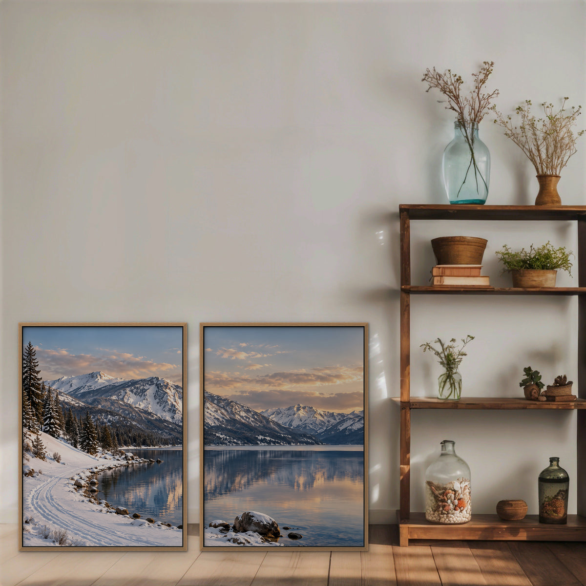 Winter Lake Canvas Art - Set of 2 – Oak Floating Frame in room setting