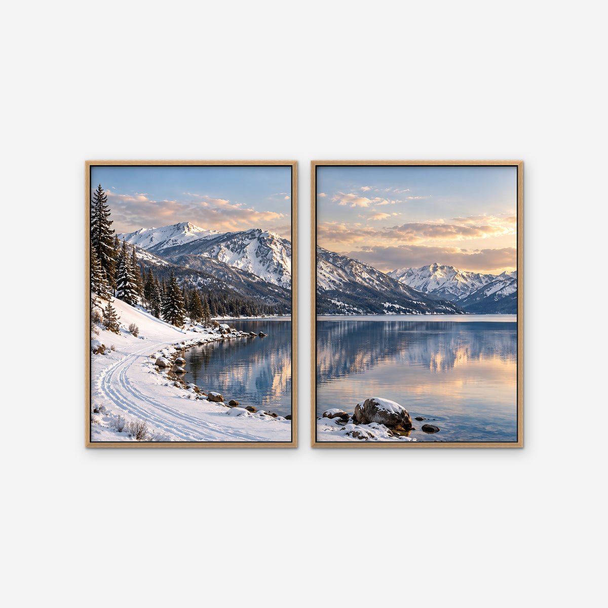 Winter Lake Canvas Art - Set of 2 – Oak Floating Frame on white background