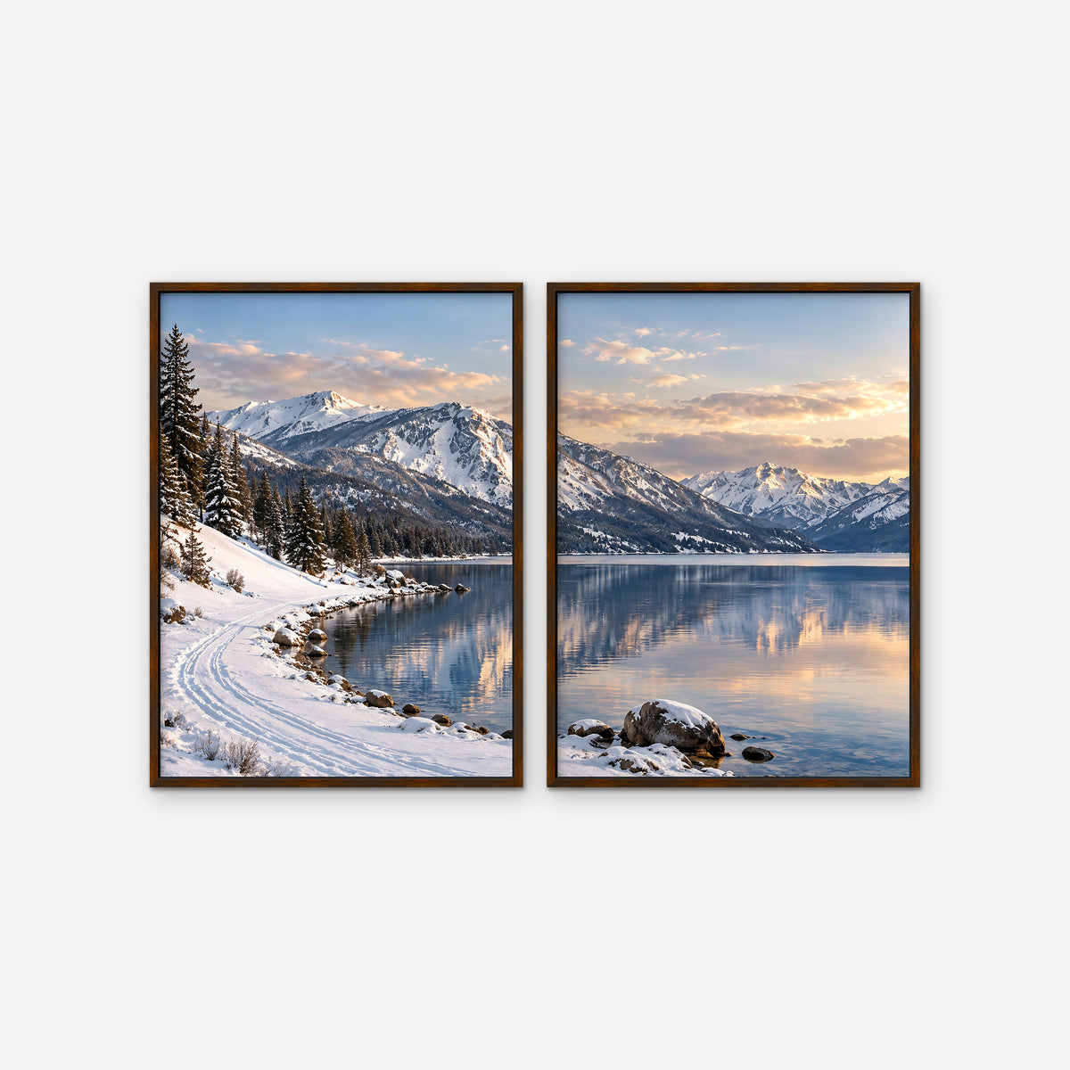 Winter Lake Canvas Art - Set of 2 – Walnut Floating Frame on white background