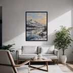Winter Peak Reflections Canvas Art - Vertical – Black Floating Frame in room setting