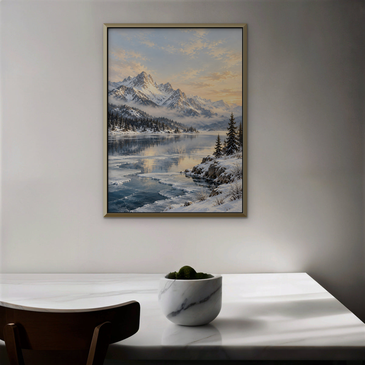 Winter Peak Reflections Canvas Art - Vertical – Gold Floating Frame in room setting