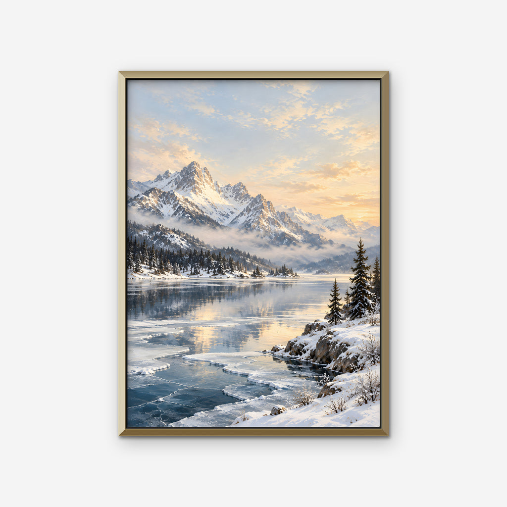 Winter Peak Reflections Canvas Art - Vertical – Gold Floating Frame on white background