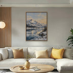 Winter Peak Reflections Canvas Art - Vertical – Oak Floating Frame in room setting