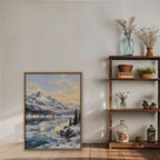 Winter Peak Reflections Canvas Art - Vertical – Oak Floating Frame in room setting