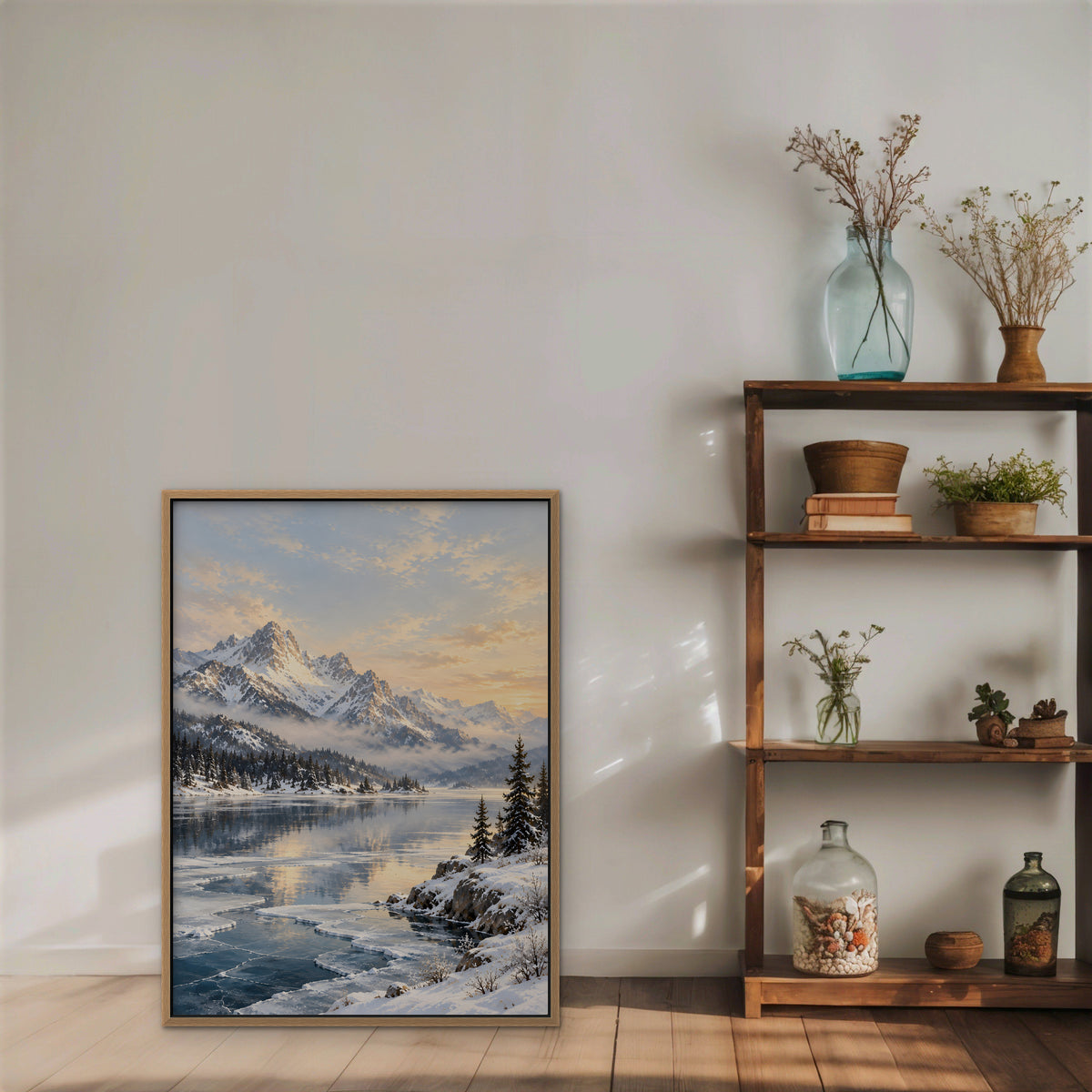 Winter Peak Reflections Canvas Art - Vertical – Oak Floating Frame in room setting