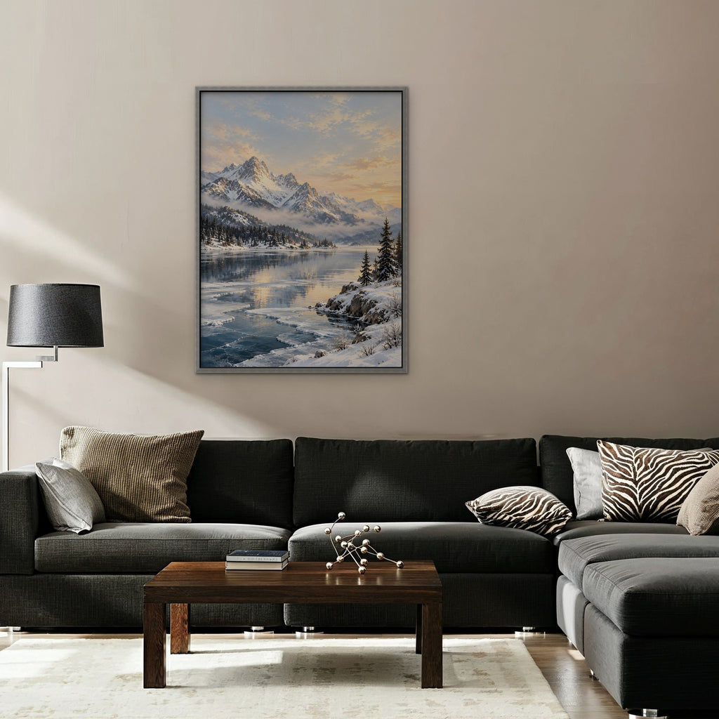 Winter Peak Reflections Canvas Art - Vertical – Silver Floating Frame in room setting