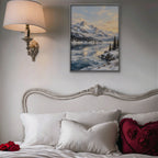Winter Peak Reflections Canvas Art - Vertical – Silver Floating Frame in room setting