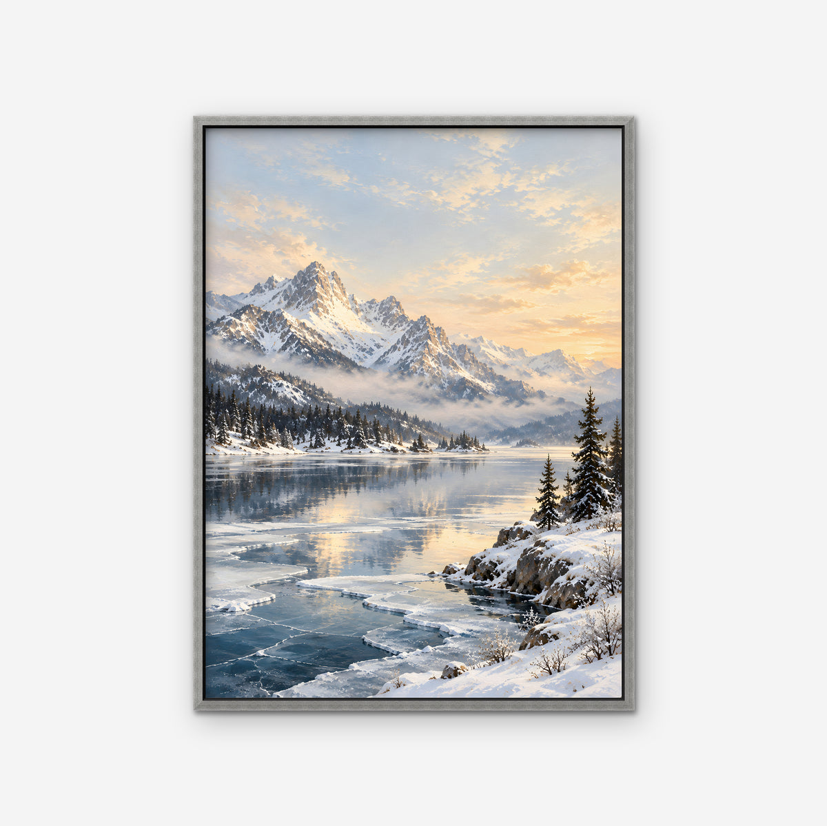 Winter Peak Reflections Canvas Art - Vertical – Silver Floating Frame on white background