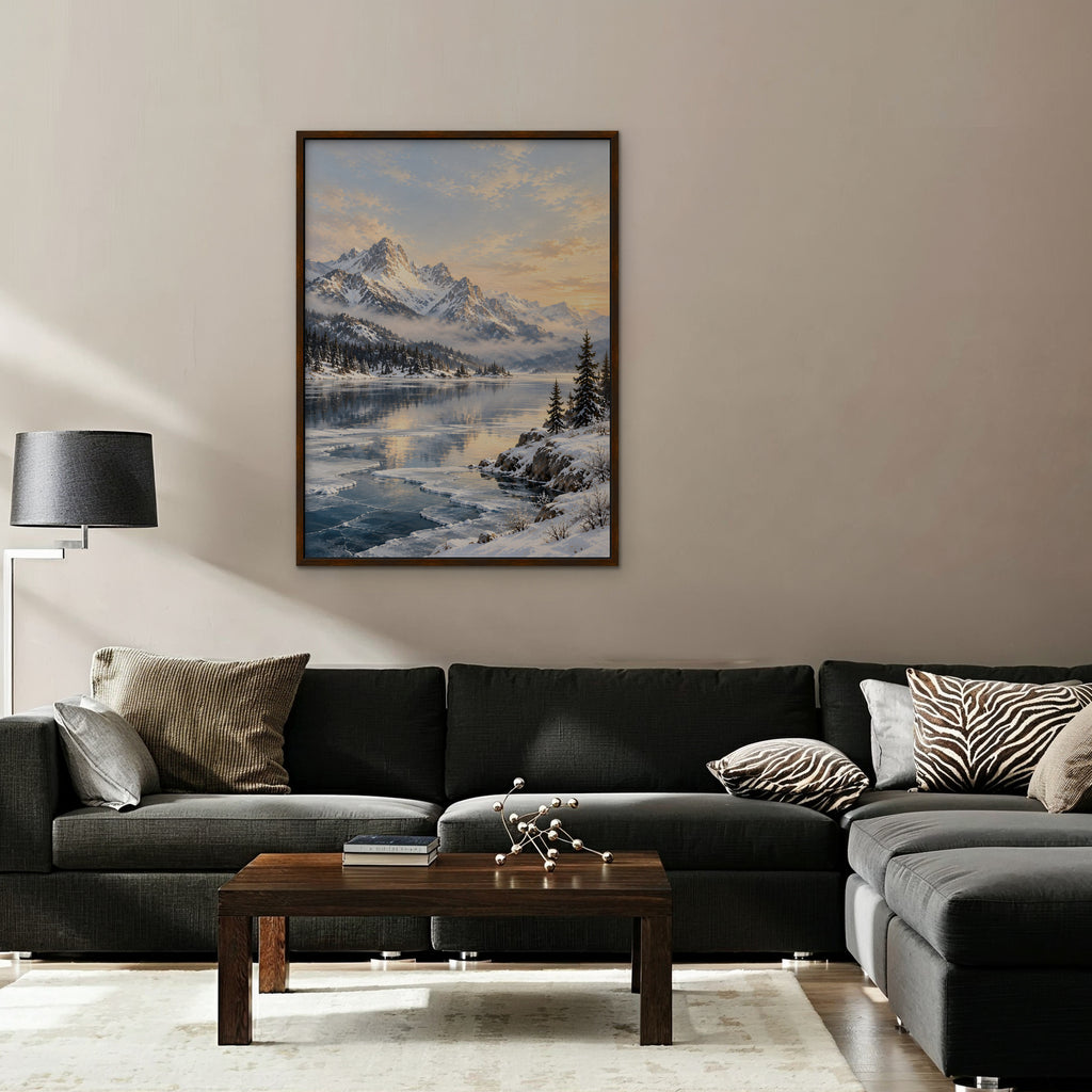 Winter Peak Reflections Canvas Art - Vertical – Walnut Floating Frame in room setting
